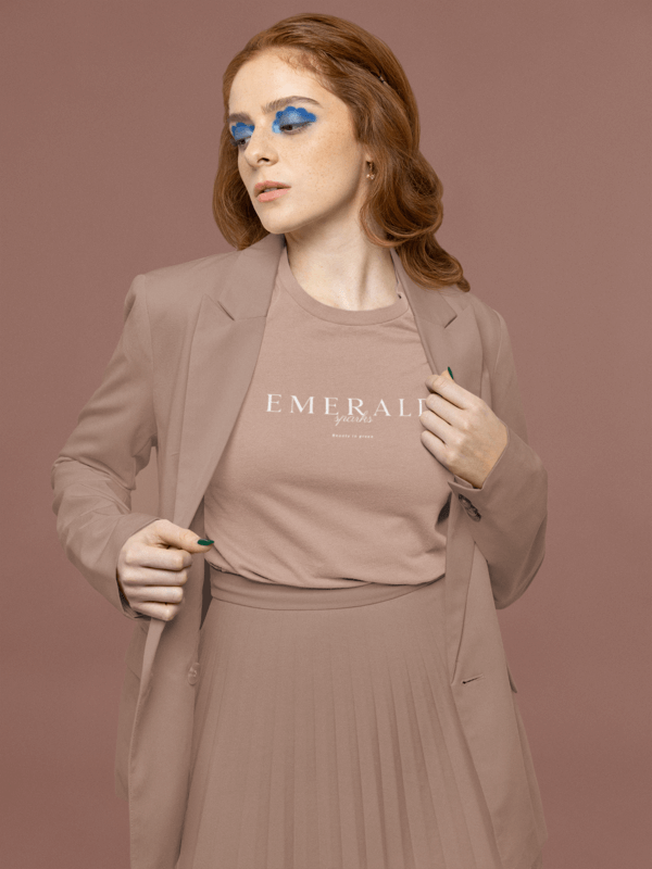 Bella Canvas T Shirt Mockup Of An Elegant Woman In A Studio Wearing The 2025 Pantone Color Of The Year