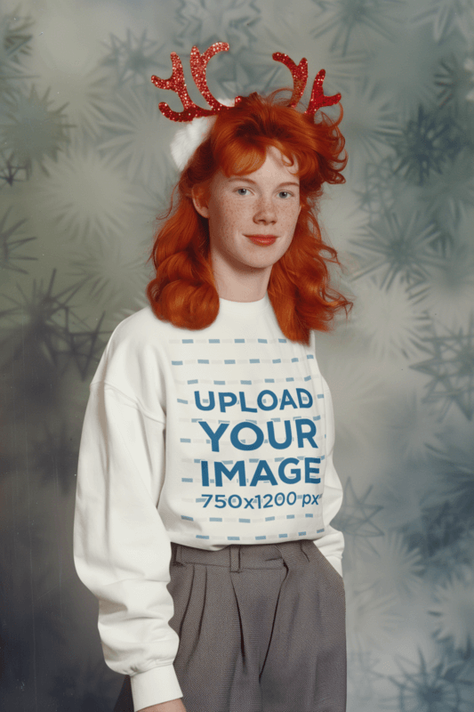 Blank Crewneck Sweatshirt Mockup Of An AI Generated Woman With Reindeer Horns