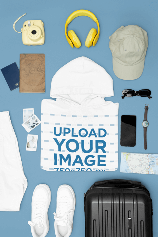 Blank Outfit Mockup Of A Gildan Pullover Hoodie Surrounded By Travel Accessories