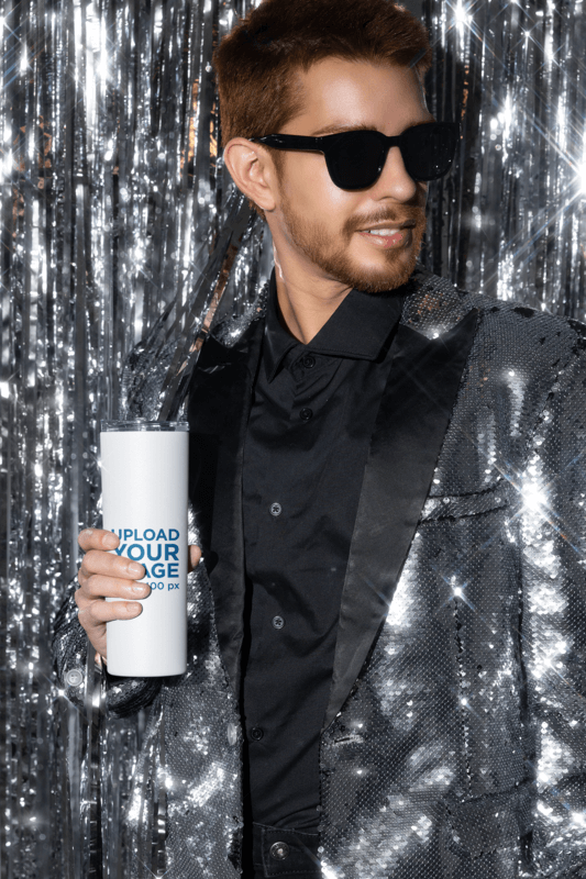 Blank Skinny Tumbler Mockup Of A Man With A Sparkling Garment Celebrating New Year's Eve