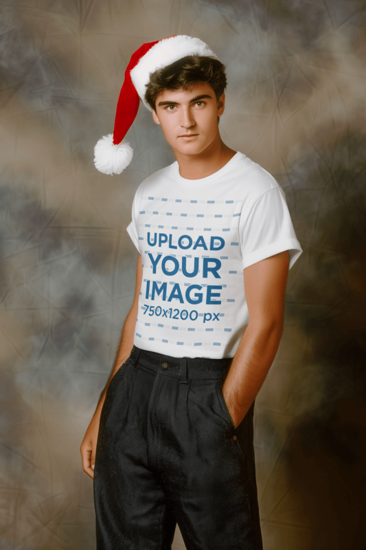 Blank T Shirt Mockup Featuring An AI Created Man Posing For Xmas Themed Shoot