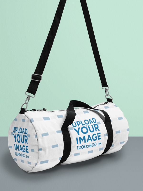 Duffle Bag Blank Mockup Hanging Inside A Bright Colored Setting