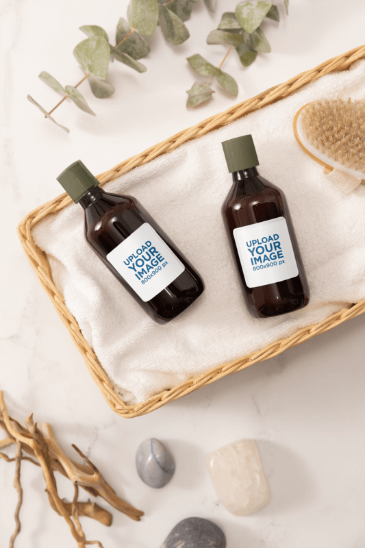 Mockup Of Two Cosmetic Glass Bottle Placed On A Rustic Basket