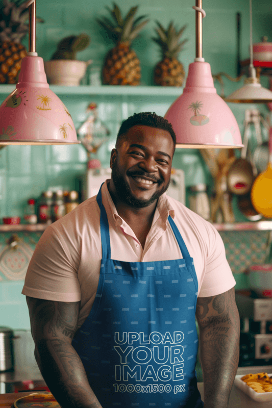 Ai Created Mockup Of A Smiling Man With Arm Tattoos Wearing An Apron In A Kitchen