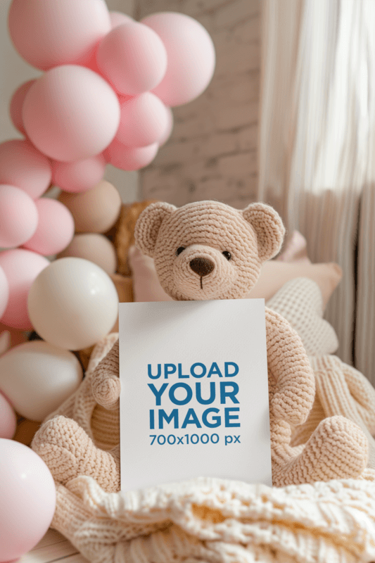 AI Mockup Featuring A Teddy Bear Holding A Greeting Card