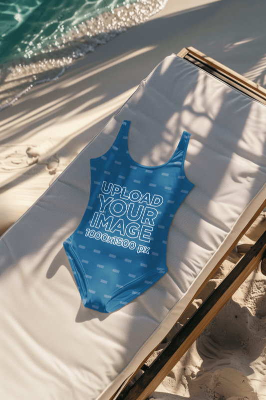 AI Mockup Of A One Piece Swimsuit Flat Laid Over A Beach Bed