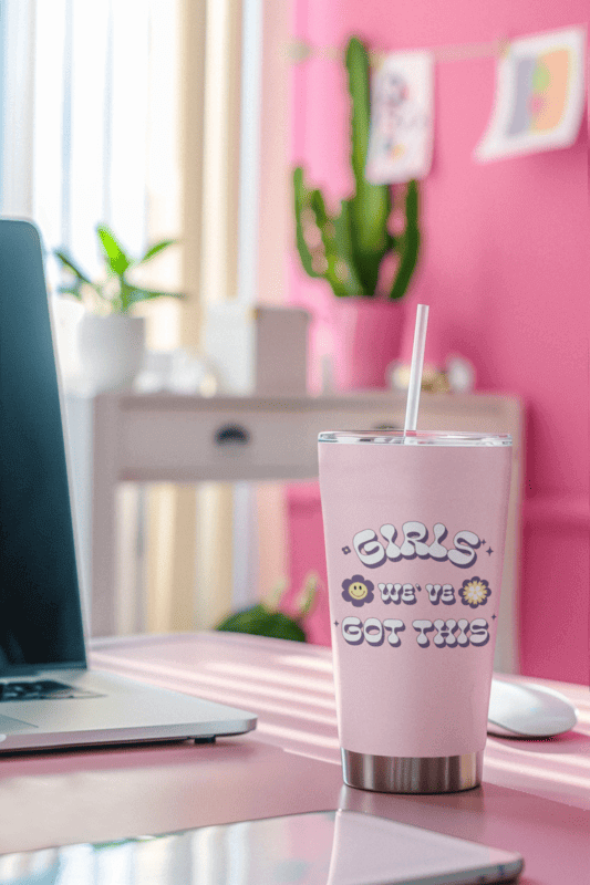 Ai Mockup Of A Tumbler Placed On A Desk In A Girly Decorated Room