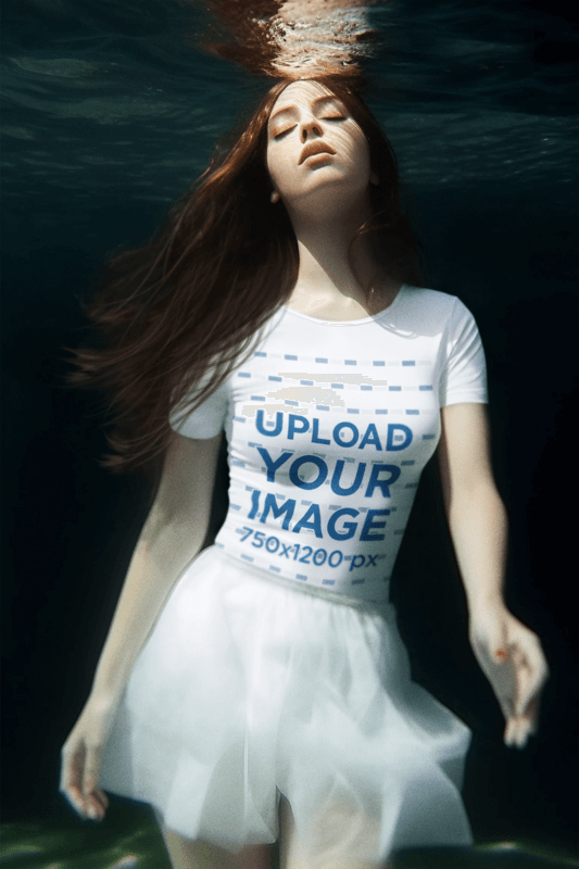 AI Mockup Of A Woman Wearing A Tee Underwater