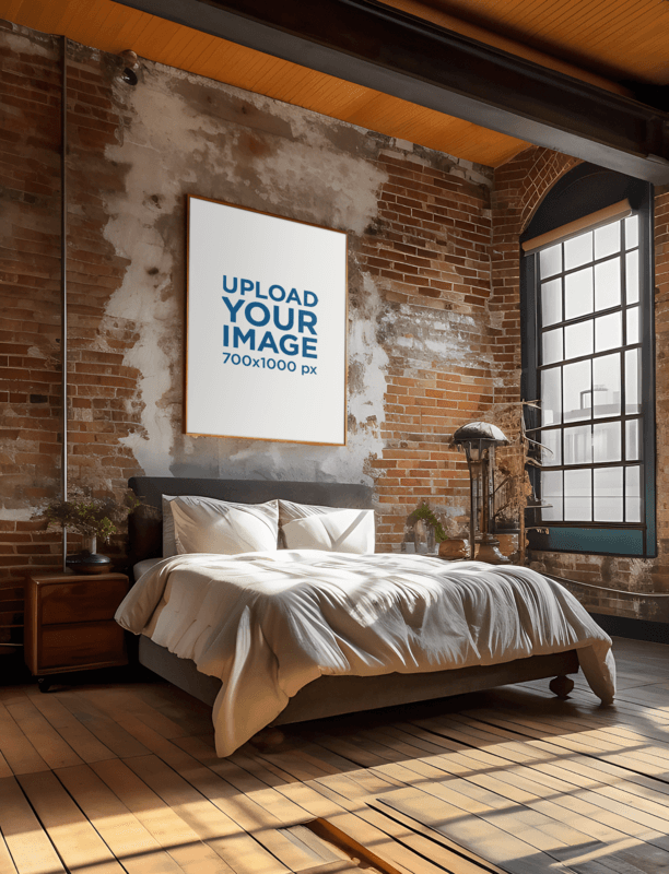 AI Mockup Of An Art Print Placed In An Industrial Aesthetic Bedroom