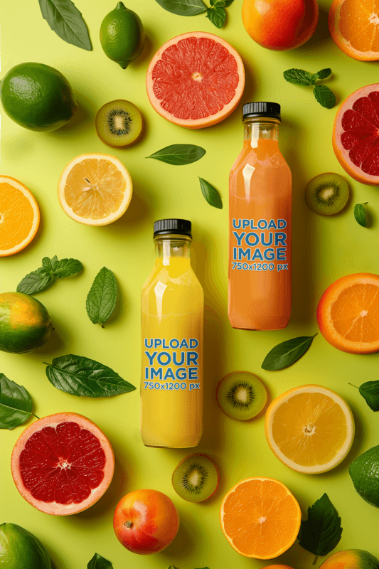 AI Mockup Of Two Juice Bottles Placed On A Background Full Of Fruits