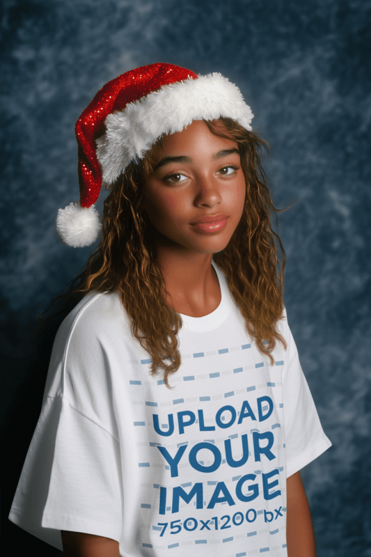 AI Retro Portrait Inspired Mockup Of A Woman With An Oversized Tee And A Christmas Hat