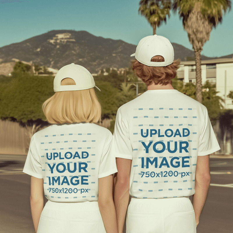 Back View Mockup Featuring An AI Created Couple Wearing T Shirts While Standing In The Street