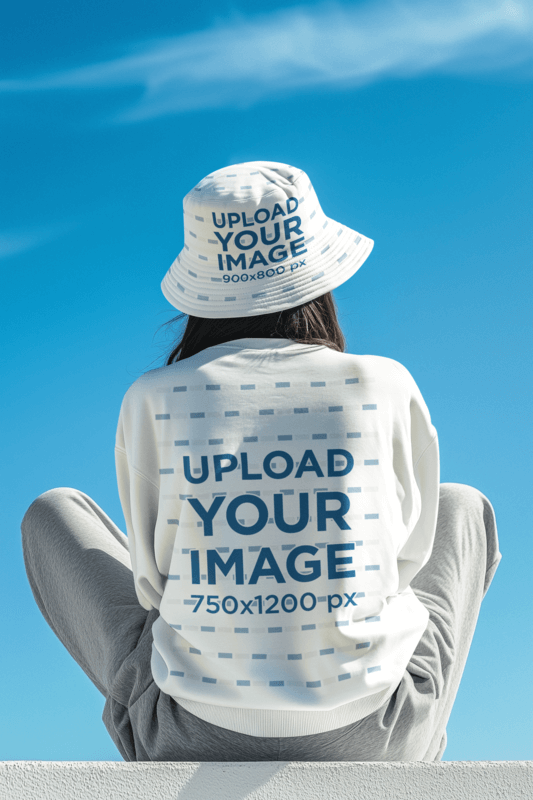 Back View Mockup Of An AI Generated Woman In A Sweatshirt And A Bucket Hat Looking At The Sky