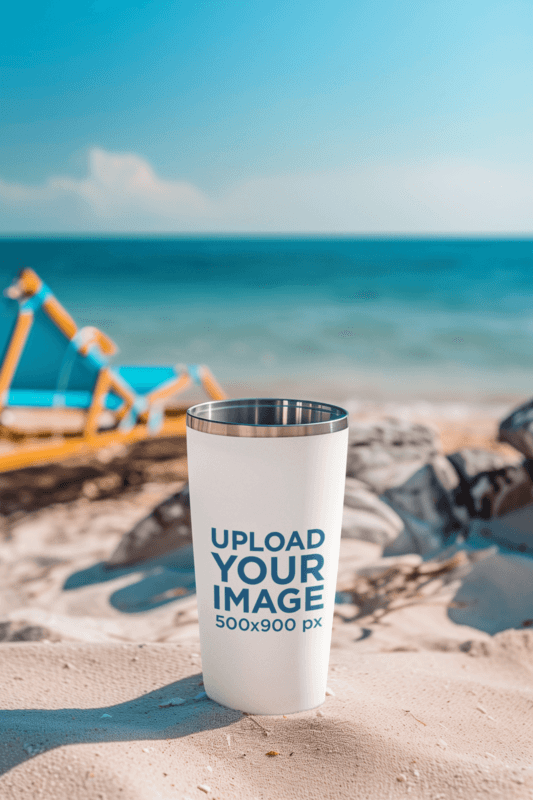 Beach Themed Mockup Featuring A Tumbler Placed On The Sand Created With Placeit's AI Mockup Generator