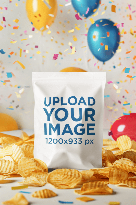 Birthday Themed Mockup Featuring An AI Created Chip Bag Surrounded By Chips