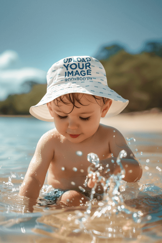 Bucket Hat Mockup Of An AI Generated Little Boy Playing In The Sea