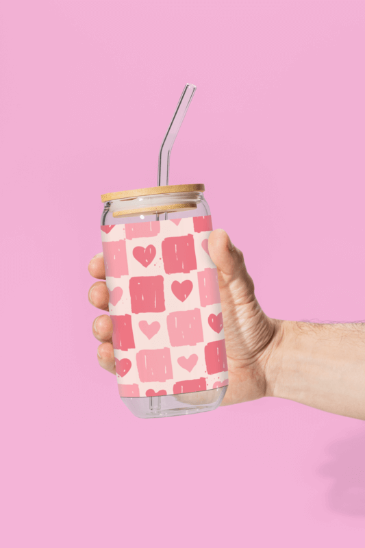 Drinkware Mockup Featuring A Man Holding A Valentine's Day Sipper Can Glass In A Studio