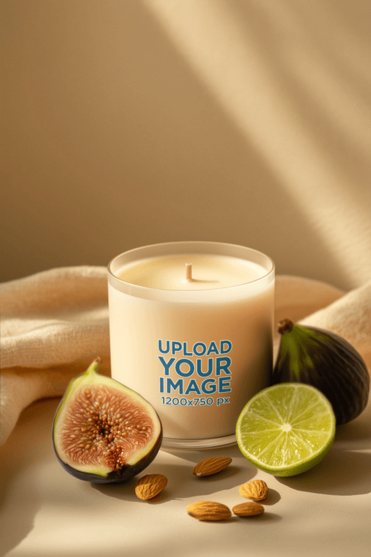 Full Glass Candle Mockup Featuring An AI Created Set With Fruit Slices And Almonds