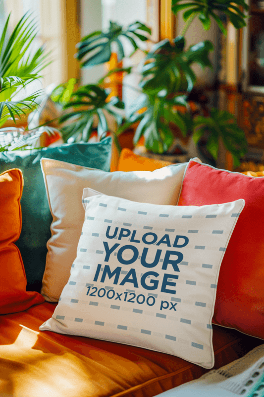 Kitsch Inspired AI Mockup Featuring A Sublimated Pillow Placed On A Couch