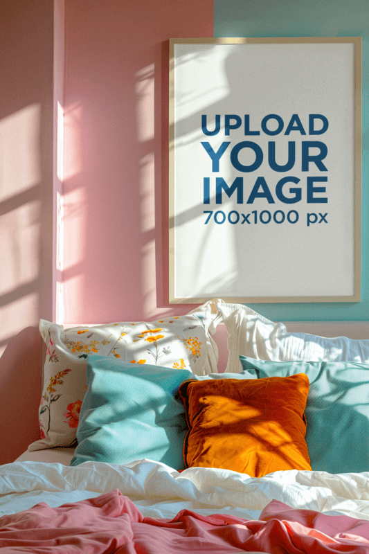 Kitsch Inspired Mockup Featuring An AI Art Print Placed On A Bedroom Wall