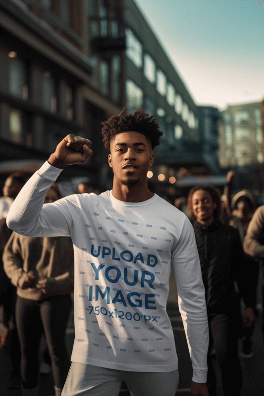 Long Sleeve Tee Mockup Featuring An AI Created Man Raising His Fist In A BHM Protest