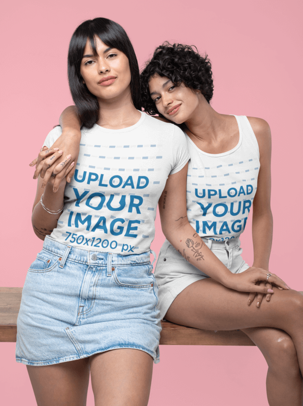 Mockup Featuring Two Women Wearing A Tee And A Tank Top At A Studio For A Valentine's Day Etsy Campaign