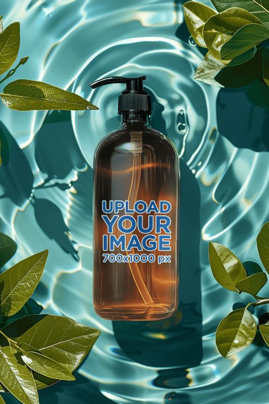 Mockup Of A Shampoo Bottle Floating In Water With Some Leaves Created With Placeit's AI Mockup Generator