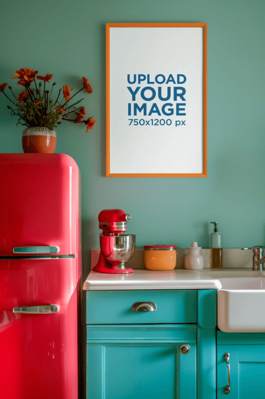 Mockup Of A Vertical Art Print Placed In A Retro Style Kitchen Created With Placeit's AI Mockup Generator