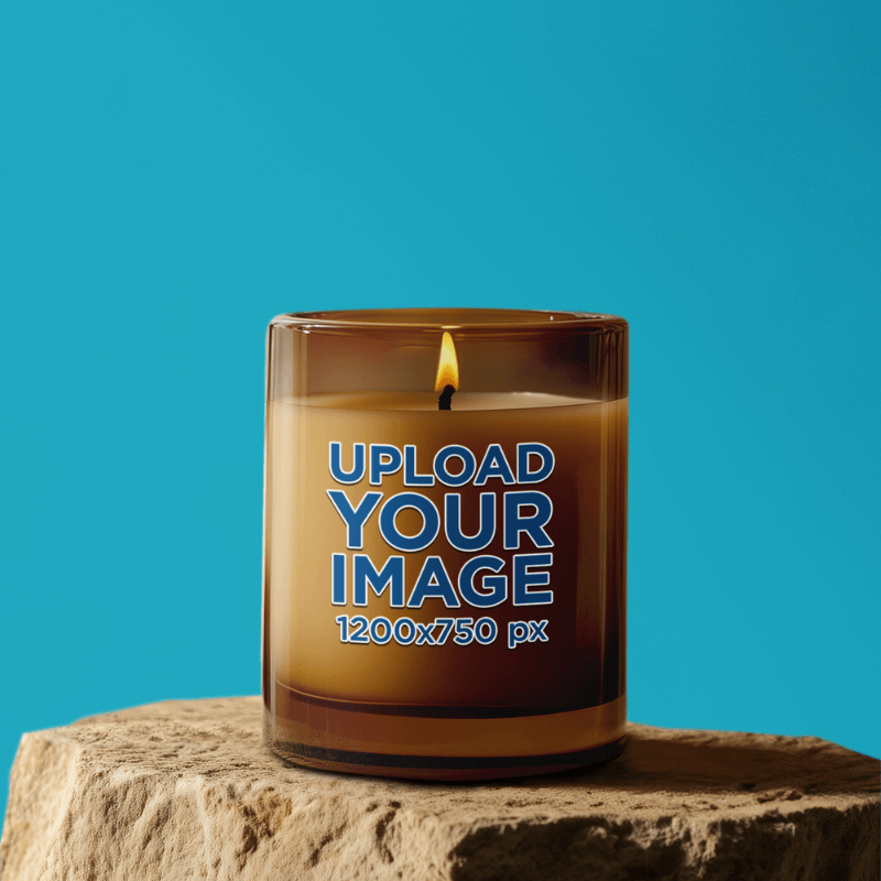 Mockup Of An Ai Generated Amber Glass Candle Placed On A Rock In A Blue Background