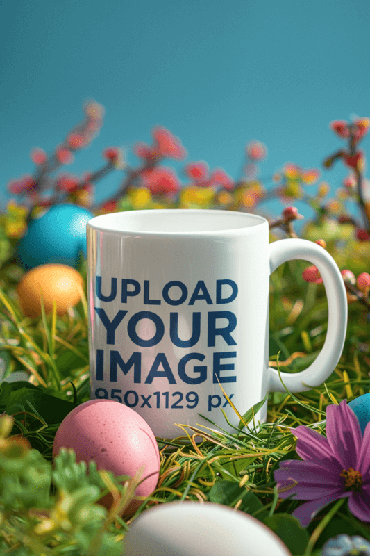 Mockup Of An AI Created Coffee Mug On The Grass Surrounded By Colorful Easter Eggs