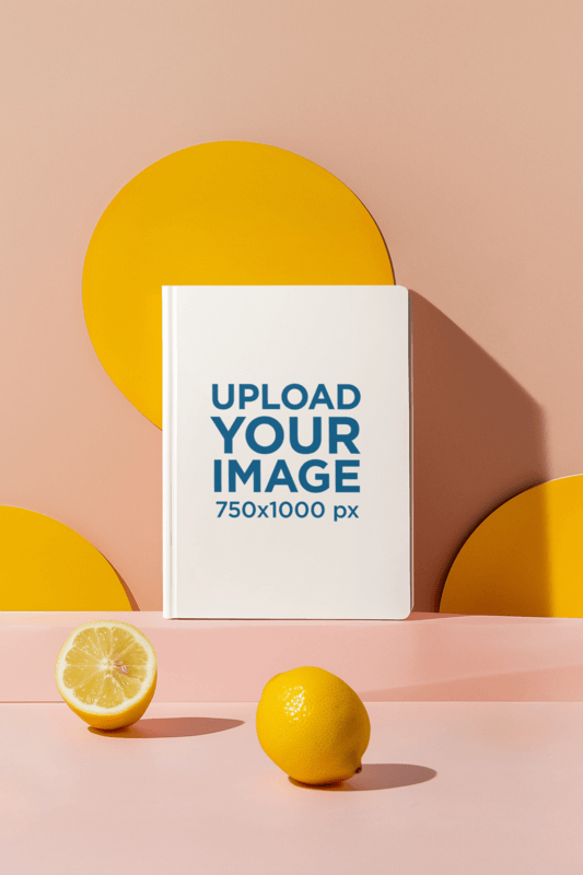 Mockup Of An AI Generated Hardcover Journal Placed On A Colorful Setting With Oranges