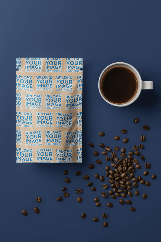 Mockup Of An AI Generated Sublimated Coffee Bag Featuring A Coffee Cup With Coffee Beans