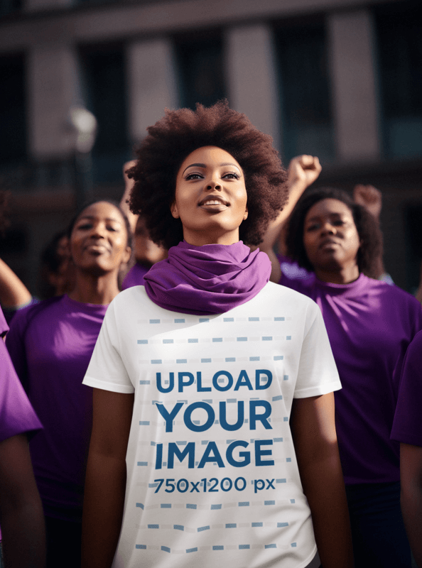 Mockup Of An AI Woman With An Afro Hairstyle Wearing A T Shirt At A Women's Day Protest