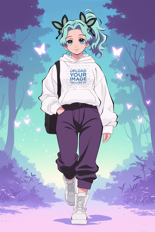 Pullover Hoodie Mockup Featuring An AI Created Young Woman Graphic Inspired By An Anime Show