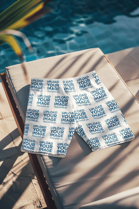 Summer Themed Mockup Featuring A Pair Of Sublimated Swim Trunks By A Pool Created With Placeit's AI Mockup Generator