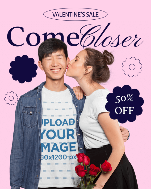 T Shirt Mockup Featuring A Happy Man Being Kissed By His Girlfriend For A Valentine's Day Promo