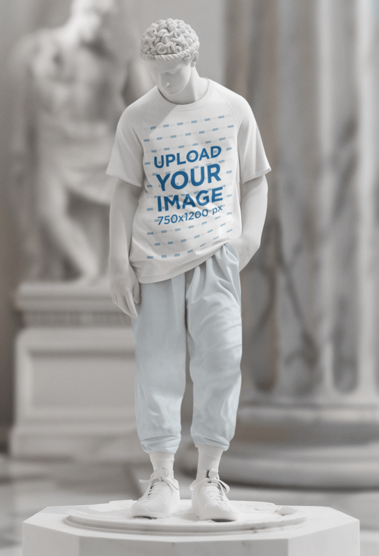 T Shirt Mockup Of An AI Generated Male Statue Placed In A Museum