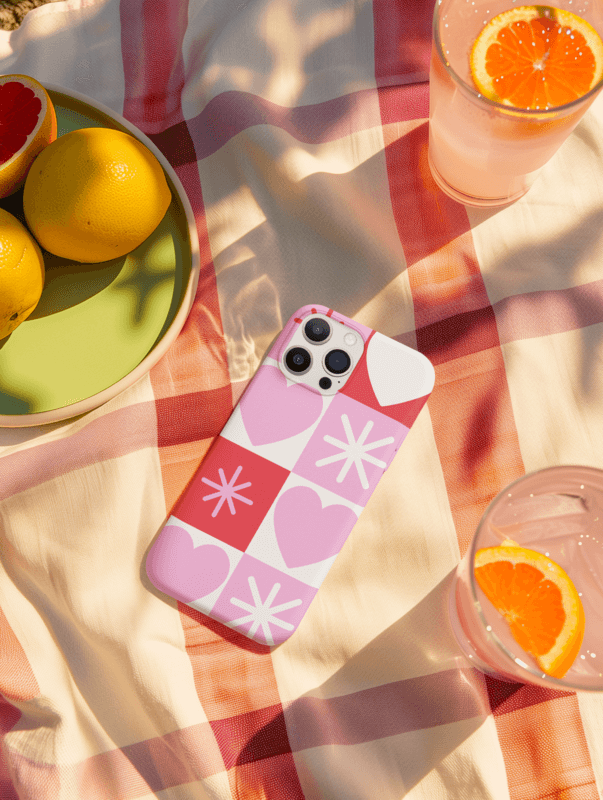 Valentine's Day Gift Ideas Featuring A Mockup Of An Ai Generated Phone Case Lying On A Picnic Tablecloth