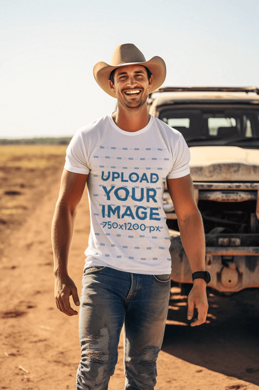 Western Themed Mockup Of A Smiling Cowboy Wearing A T Shirt In Front Of His Truck