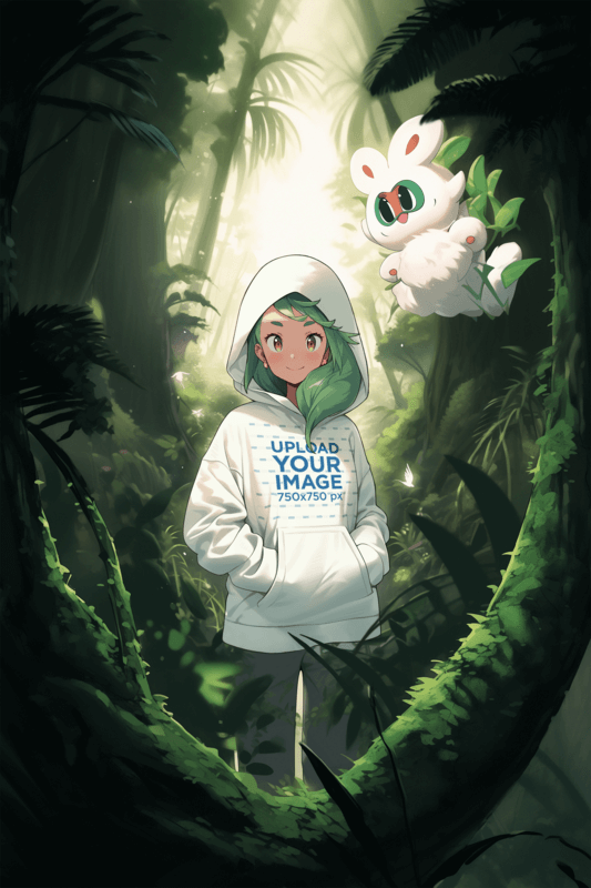 Blank Hoodie Mockup Featuring An AI Generated Young Woman Illustration With A Fantasy Pet