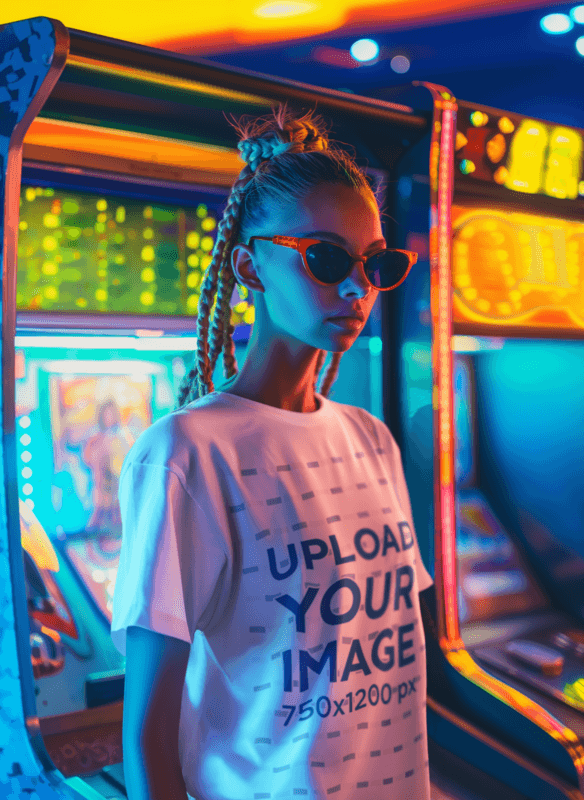 Blank Round Neck T Shirt Mockup Featuring An AI Created Woman With Braids In An Arcade