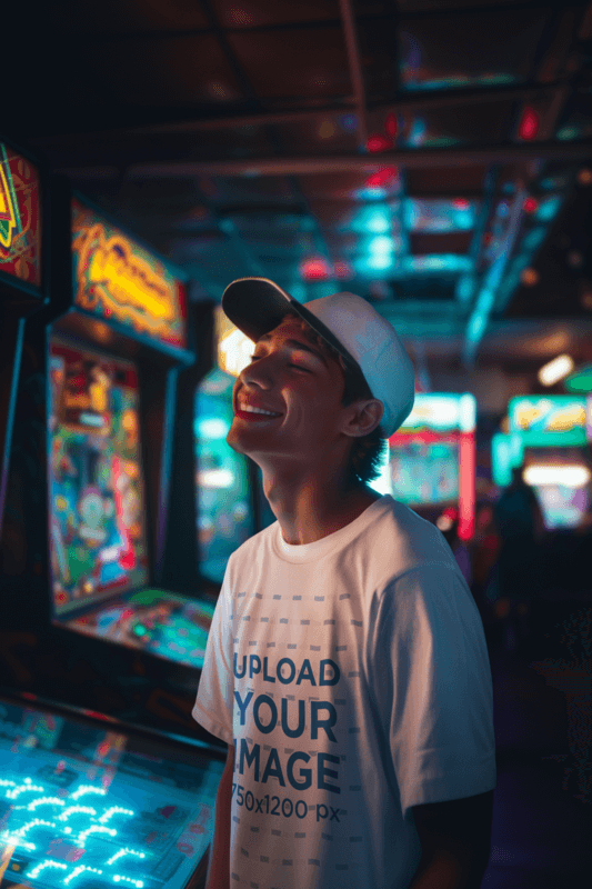 Blank T Shirt Mockup Featuring An AI Created Cheerful Man Having Fun In An Arcade