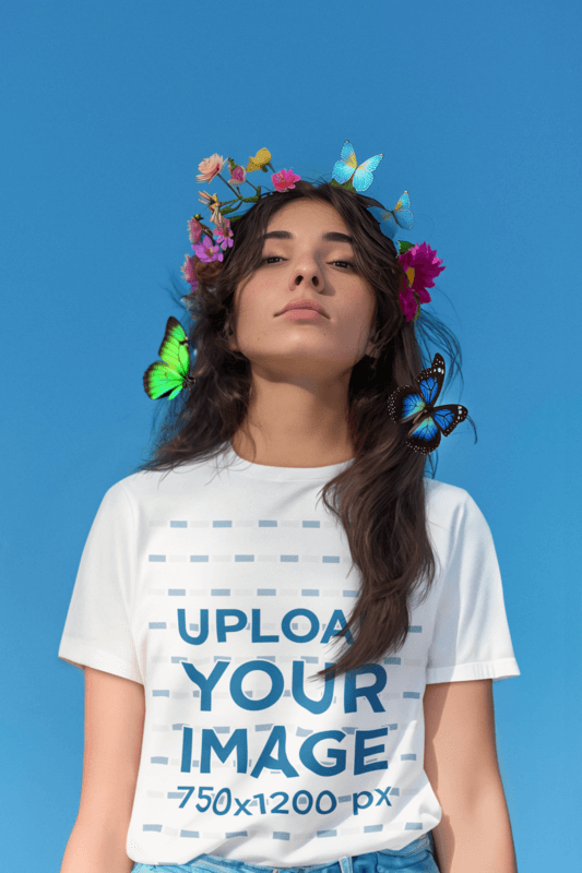 Round Neck Tee Mockup Of An AI Generated Woman With Butterflies And Flower Crown