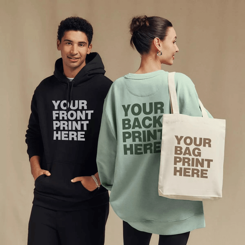 A Couple Wearing Spreadshirt Sweatshirts And Hoodies With 'put Your Message Here' Apparel