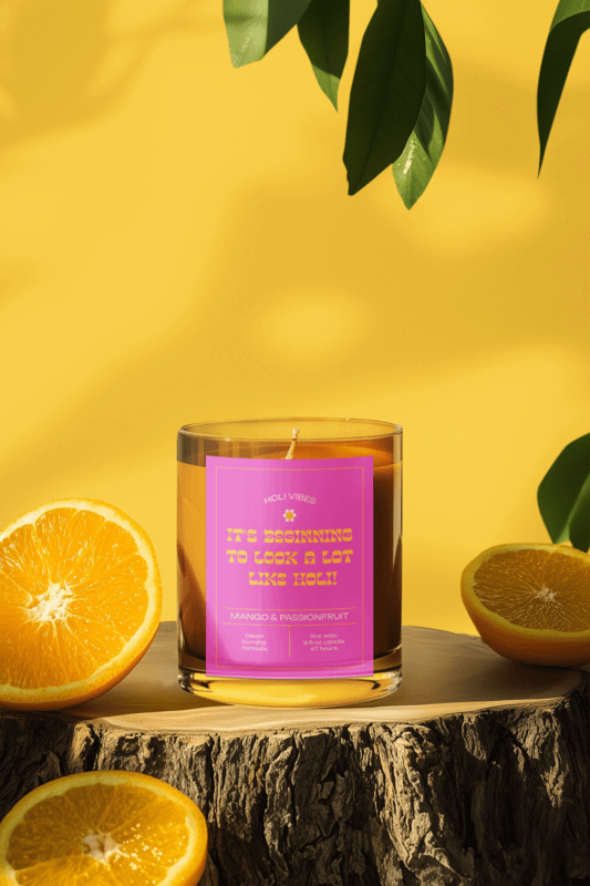 Ai Created Mockup Featuring A Black Glass Candle Placed On A Wooden Log With Oranges