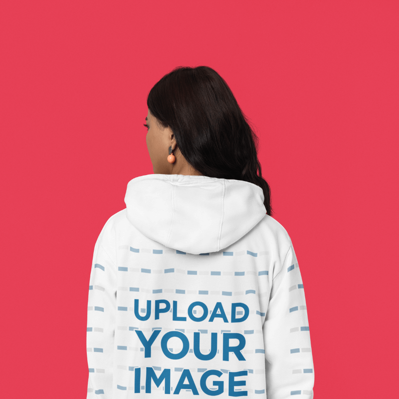 Back View Gildan Hoodie Mockup Of A Woman Standing Against A Red Background