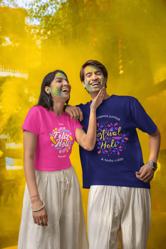 Blinkstore T Shirt And Crop Top Mockup Featuring A Cheerful Man And Woman In A Holi Festival