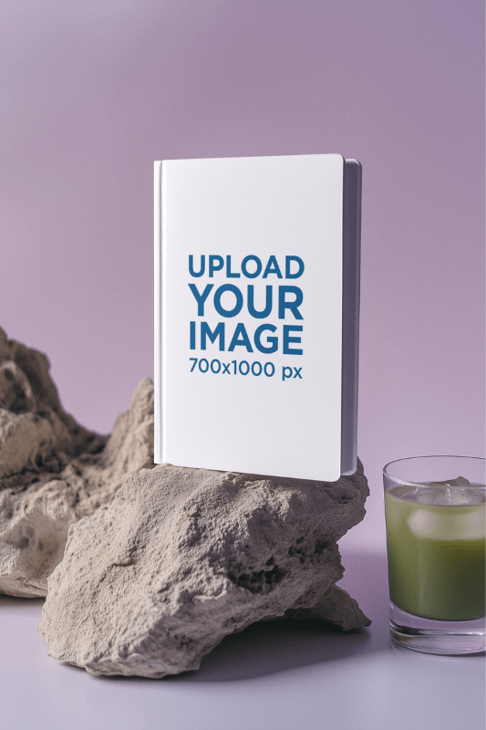 Print Mockup Featuring An Ai Created Hardcover Journal Placed On A Rock Next To A Drink