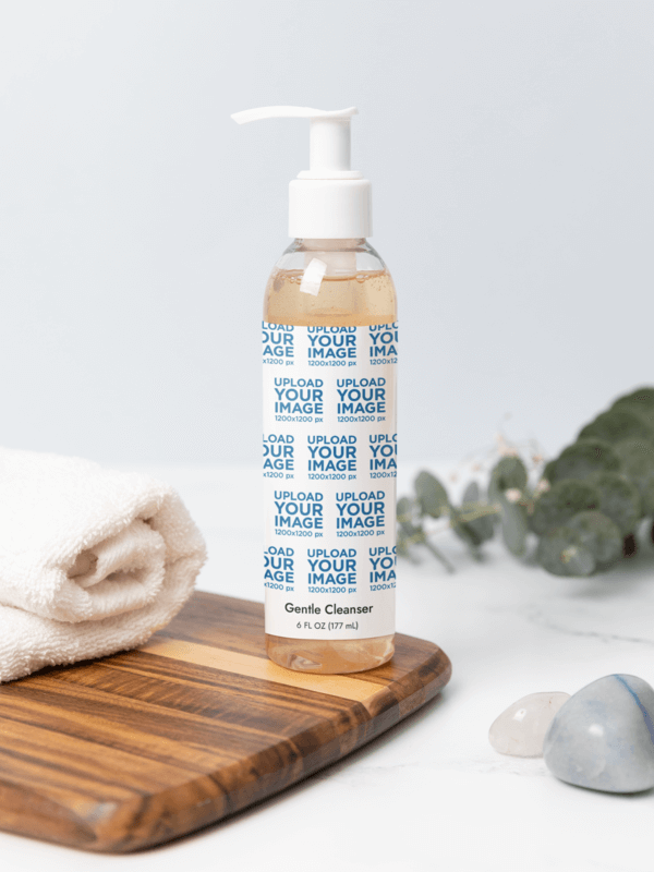 Printify Gentle Face And Body Cleanser Mockup Featuring A Nice Wooden Base