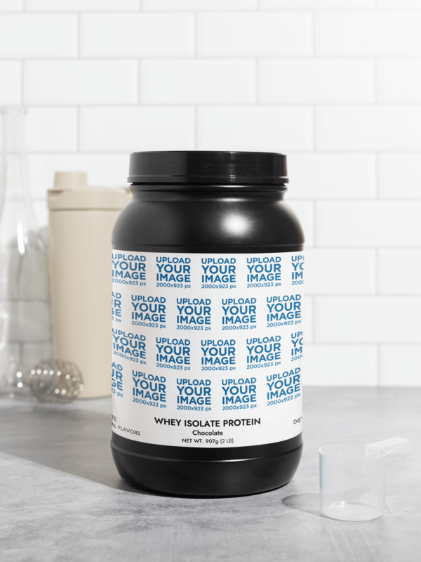 Printify Supplement Mockup Featuring A Whey Isolate Protein Jar Placed On A Kitchen